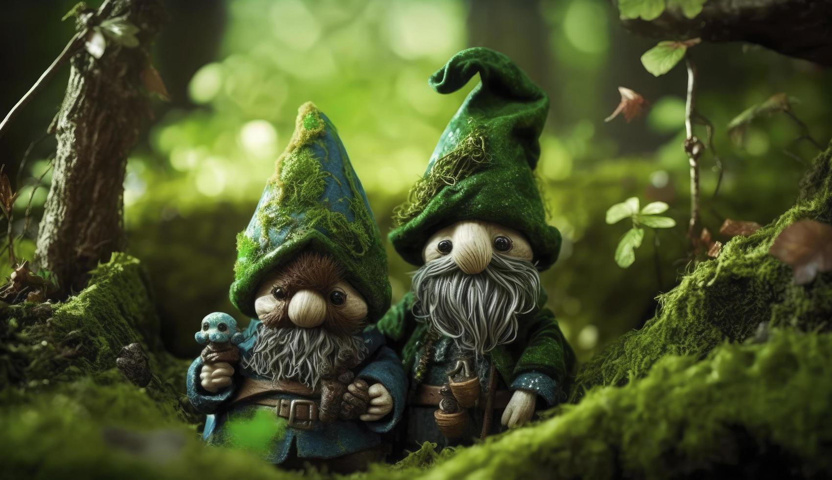 toy irish gnomes in mystery forest, abstract green natural background. magic friends dwarfs and fantasy nature. fairy tale image. harmony beautiful spring or summer season, Generate Ai photo