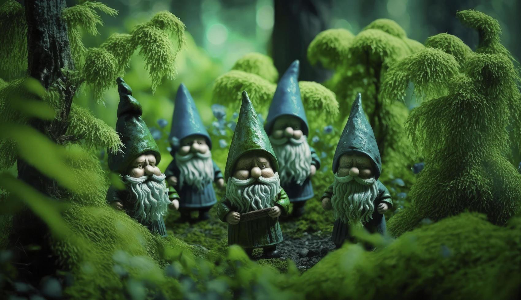 toy irish gnomes in mystery forest, abstract green natural background. magic friends dwarfs and fantasy nature. fairy tale image. harmony beautiful spring or summer season, Generate Ai photo