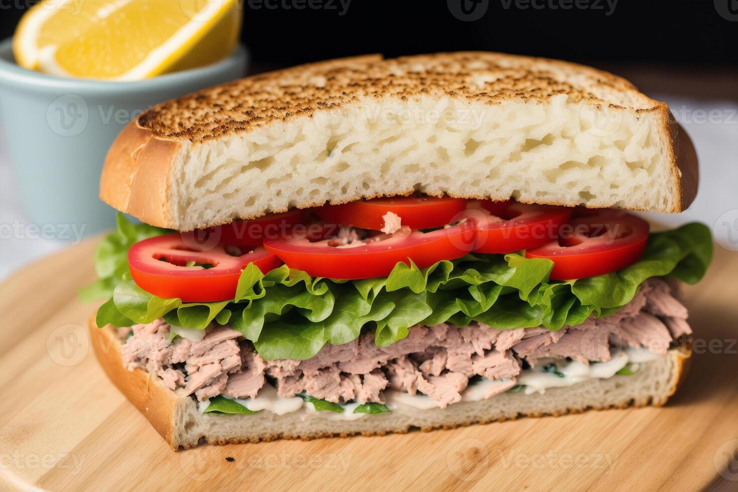 Sandwich with ham, cheese and salad on a white plate. sandwich with tuna and vegetables. photo