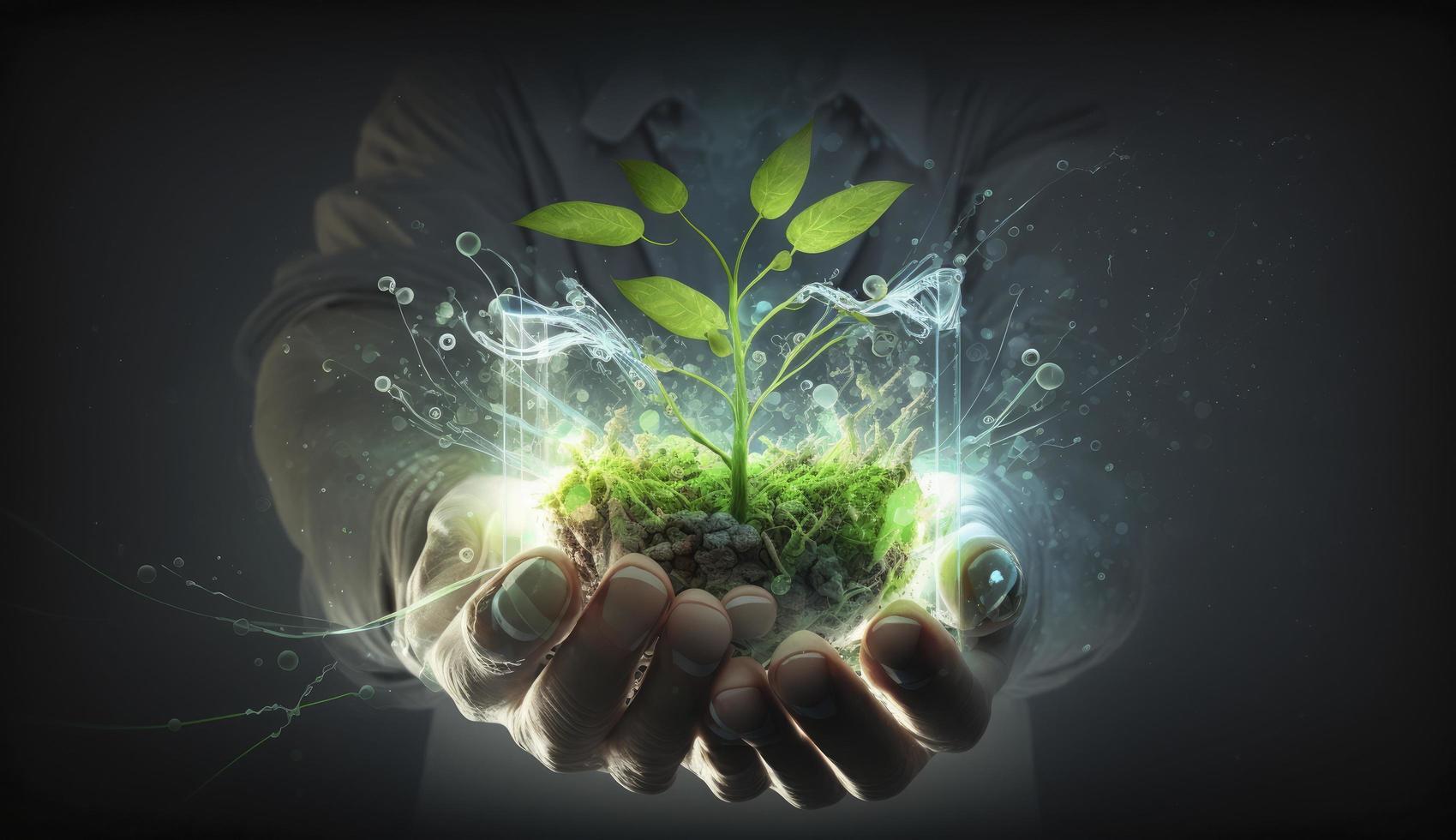 Agricultural technologies for growing plants and scientific research in the field of biology and chemistry of nature. Living green sprout in the hands of a farmer. Organic digital, Generate Ai photo