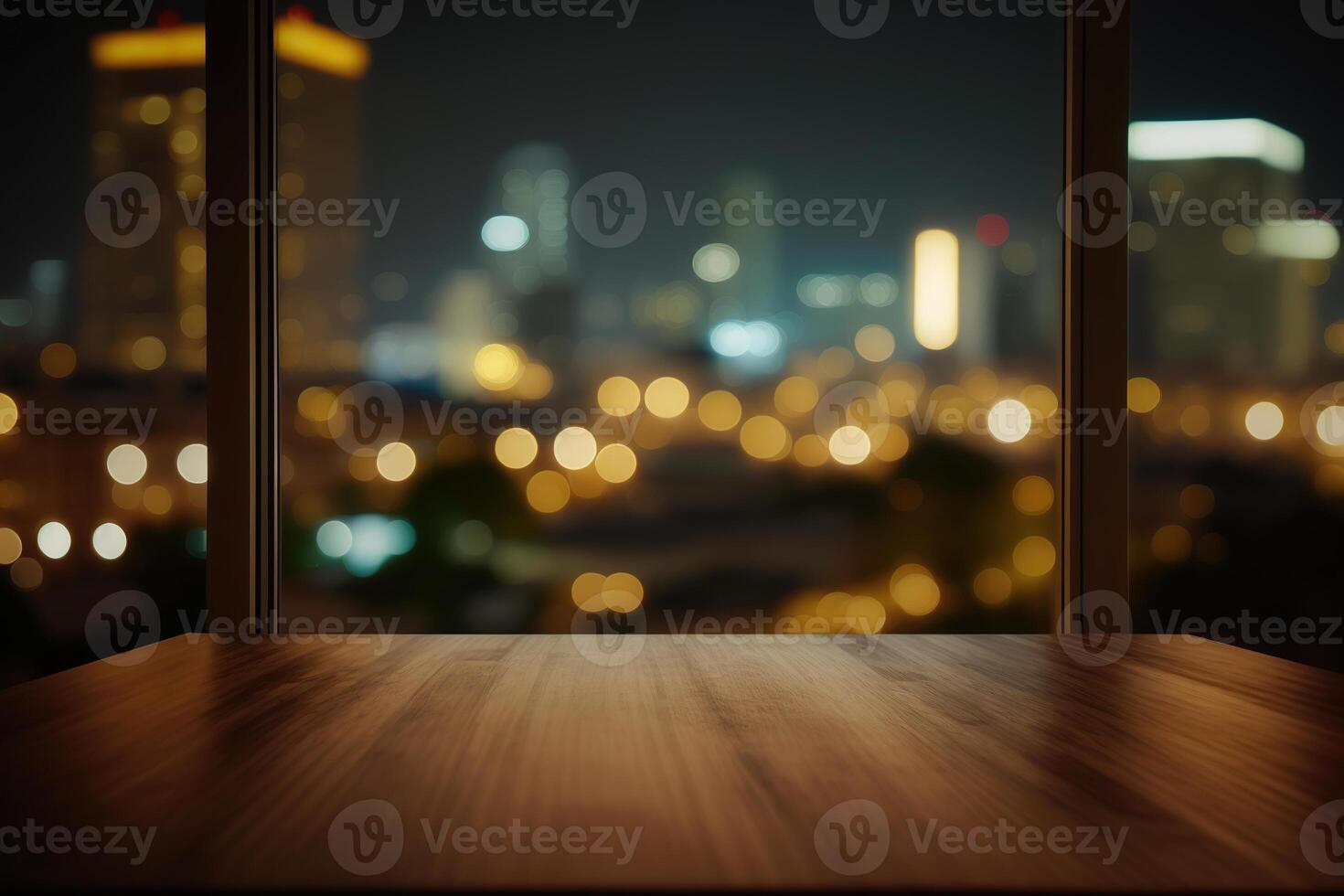 Wood table top on blur glass window wall building background. photo