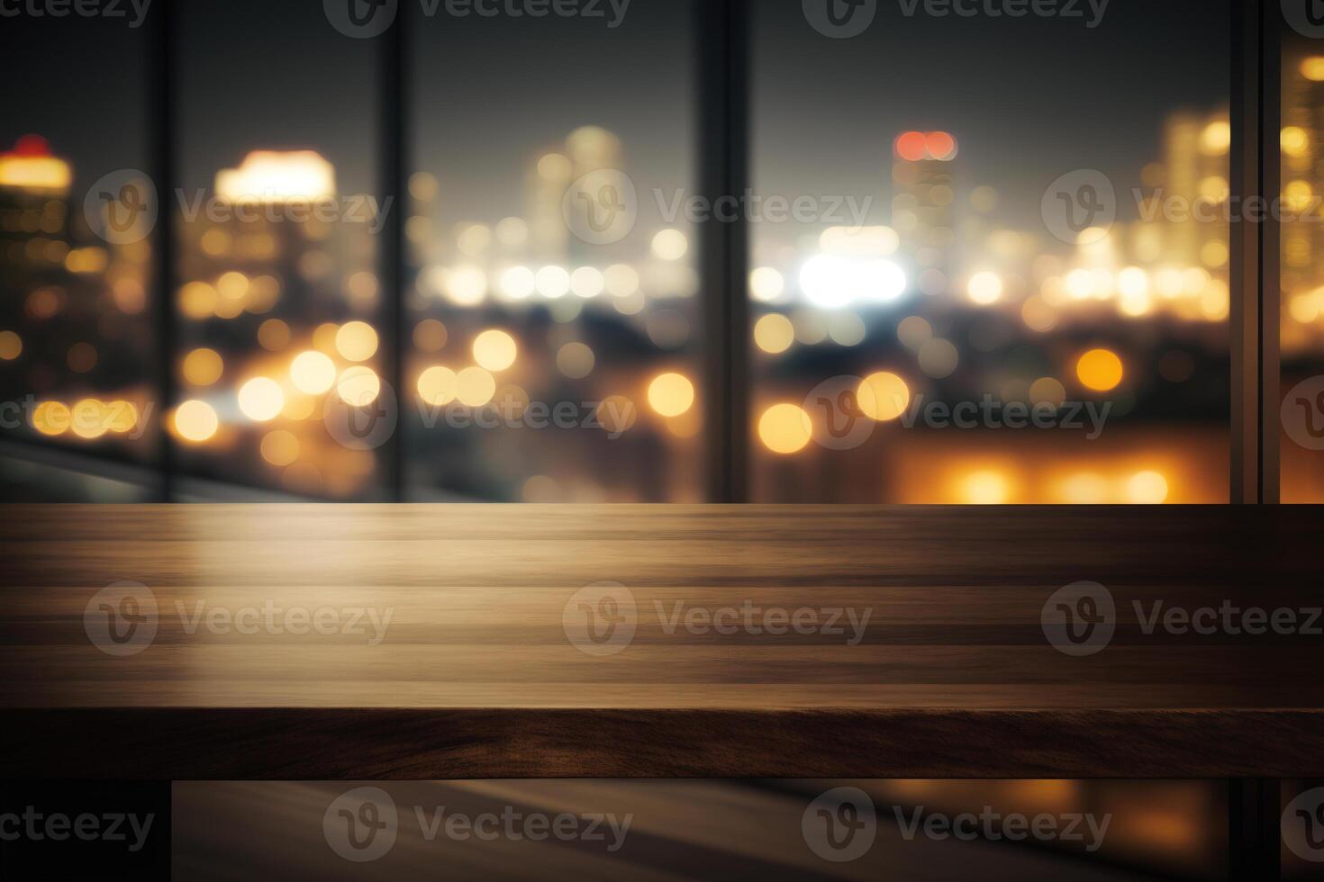 Wood table top on blur glass window wall building background. photo