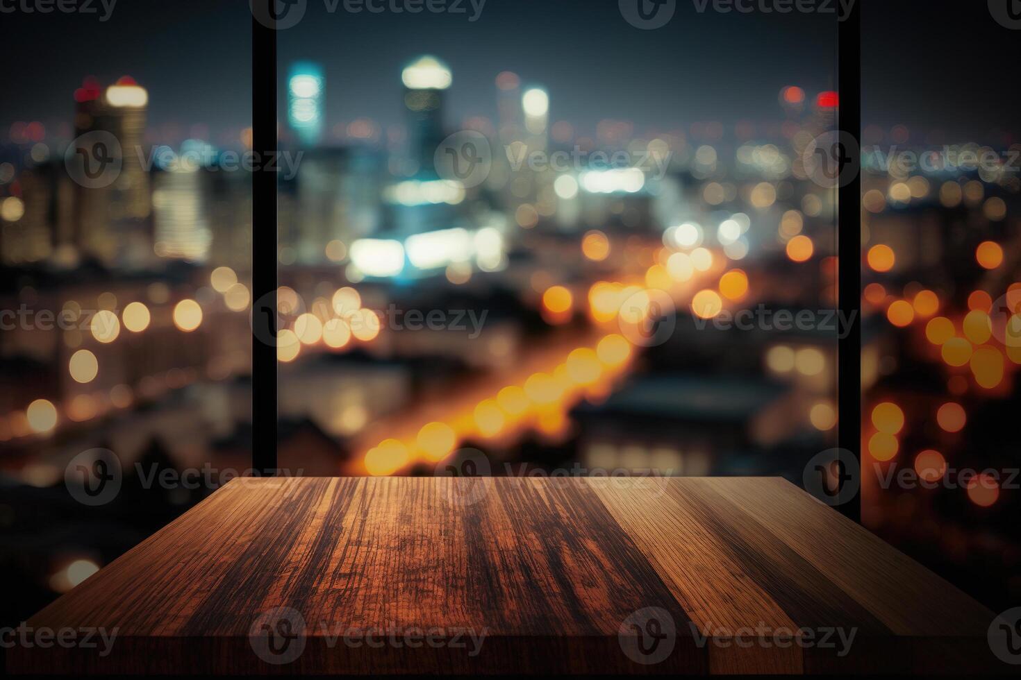 Wood table top on blur glass window wall building background. photo