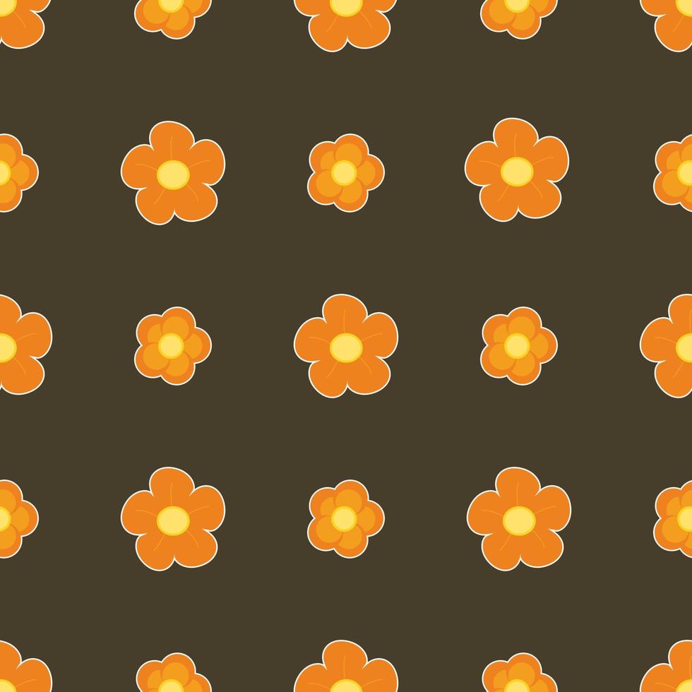 Flowers on orange seamless vector retro pattern.