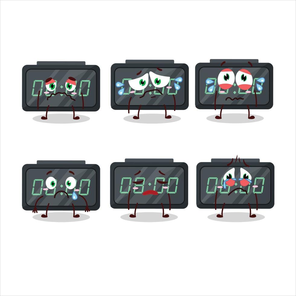 digital alarma reloj dibujos animados personaje con triste expresión vector