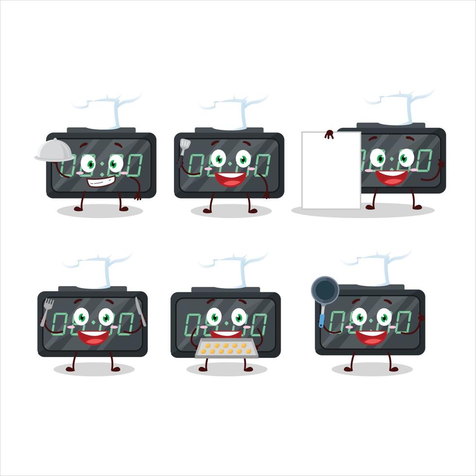 dibujos animados personaje de digital alarma reloj con varios cocinero emoticones vector