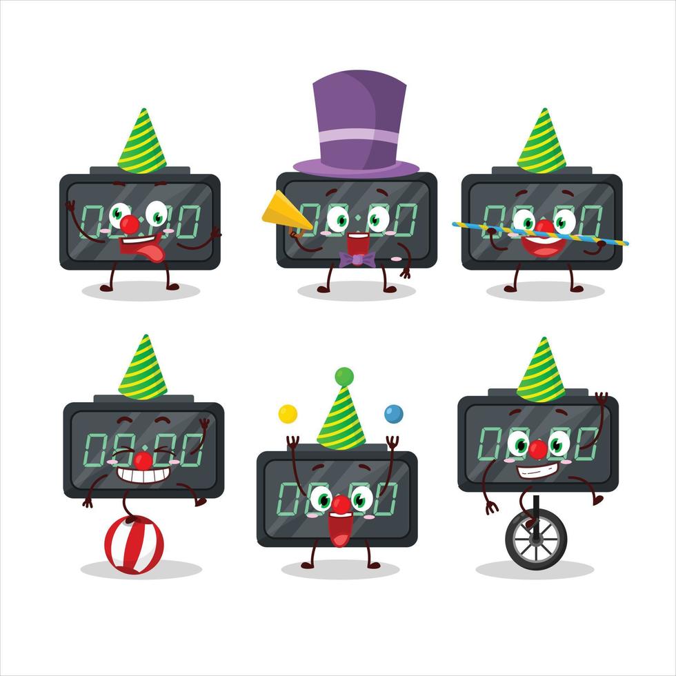 Cartoon character of digital alarm clock with various circus shows vector