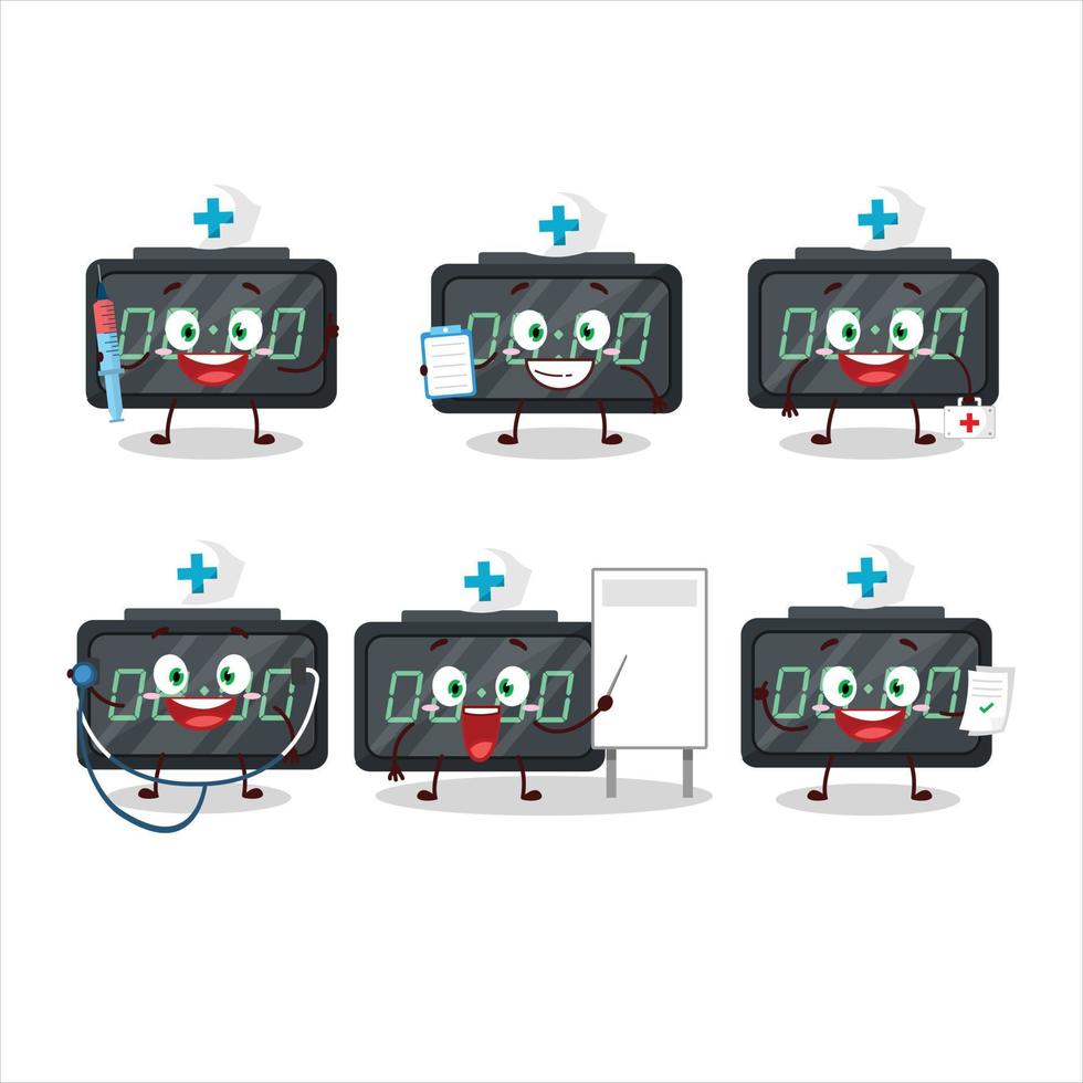 médico profesión emoticon con digital alarma reloj dibujos animados personaje vector