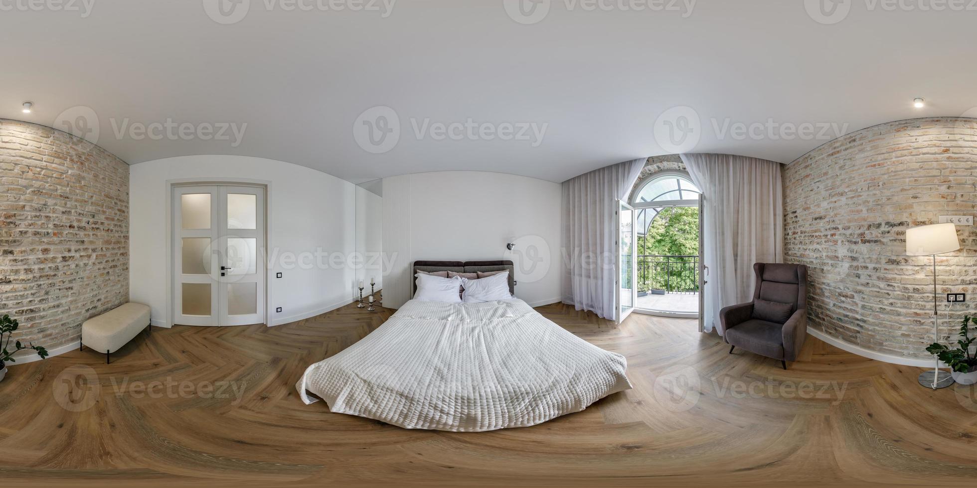 full seamless spherical hdri 360 panorama in interior of bedroom in studio apartments with arched access to the balcony in equirectangular projection,  VR content photo