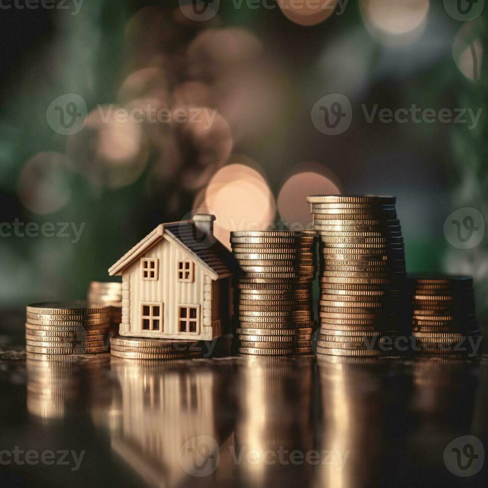 ai generativo casa modelo y moneda apilar en de madera mesa con bokeh antecedentes , ahorro dinero para comprar un casa concepto. foto