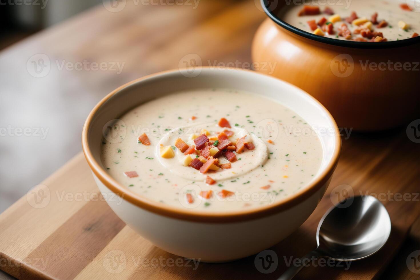 Pumpkin soup with cream and parsley. Creamy tomato soup. Chicken noodle soup. photo