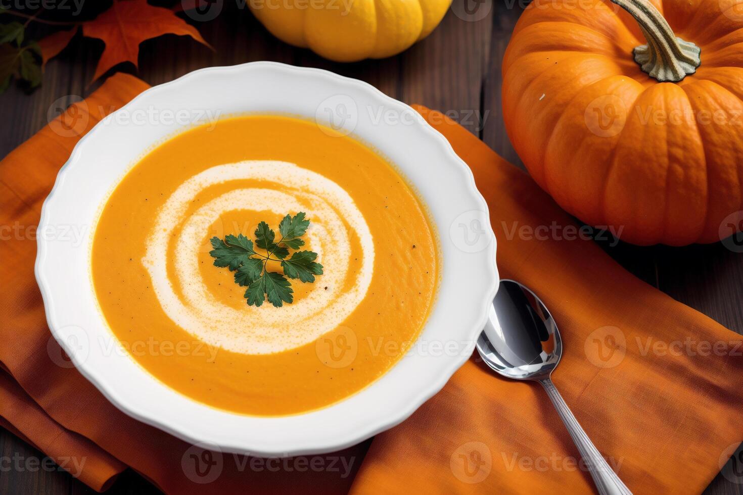 Pumpkin soup with cream and parsley. Creamy tomato soup. Chicken noodle soup. photo