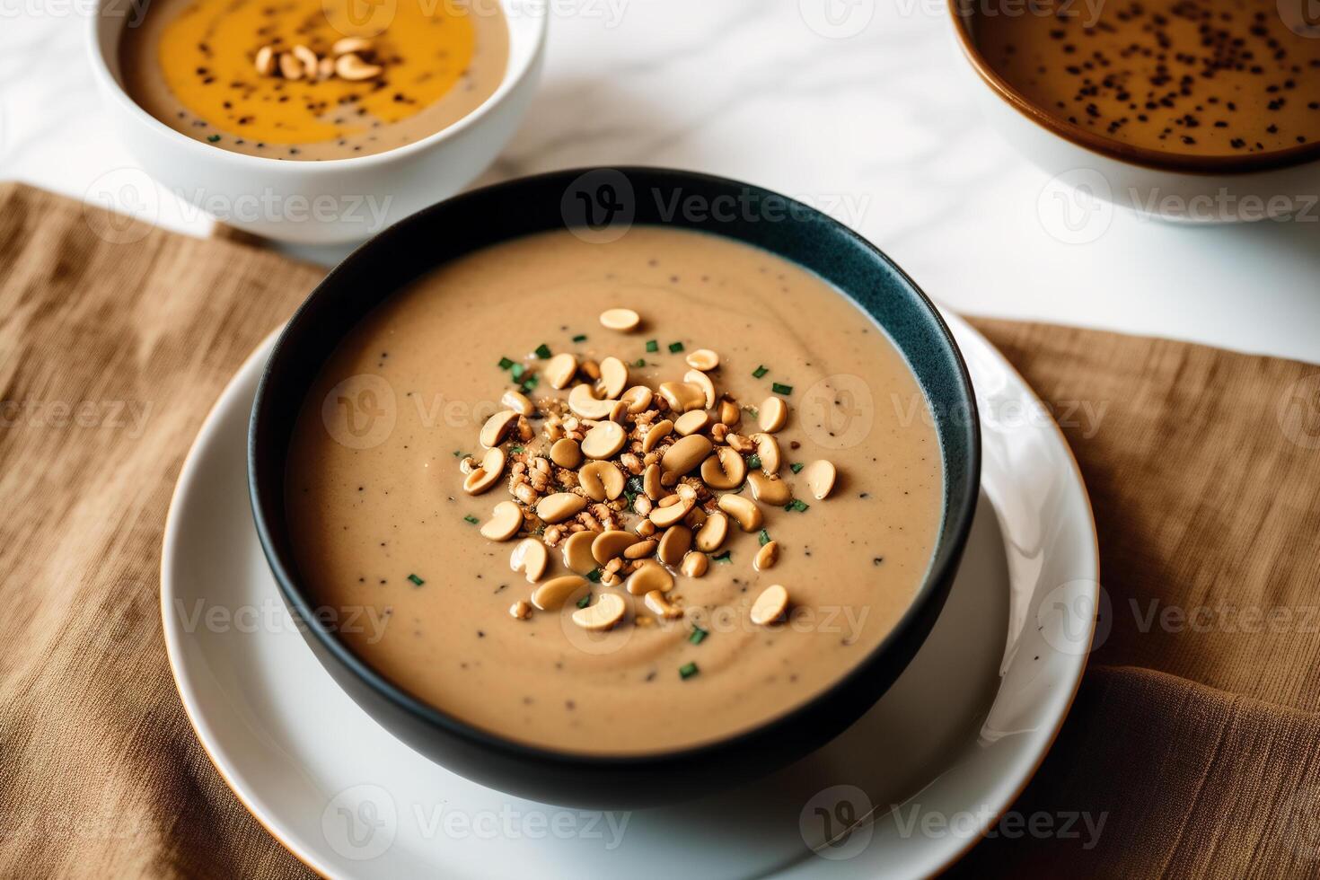 Pumpkin soup with cream and parsley. Creamy tomato soup. Chicken noodle soup. photo