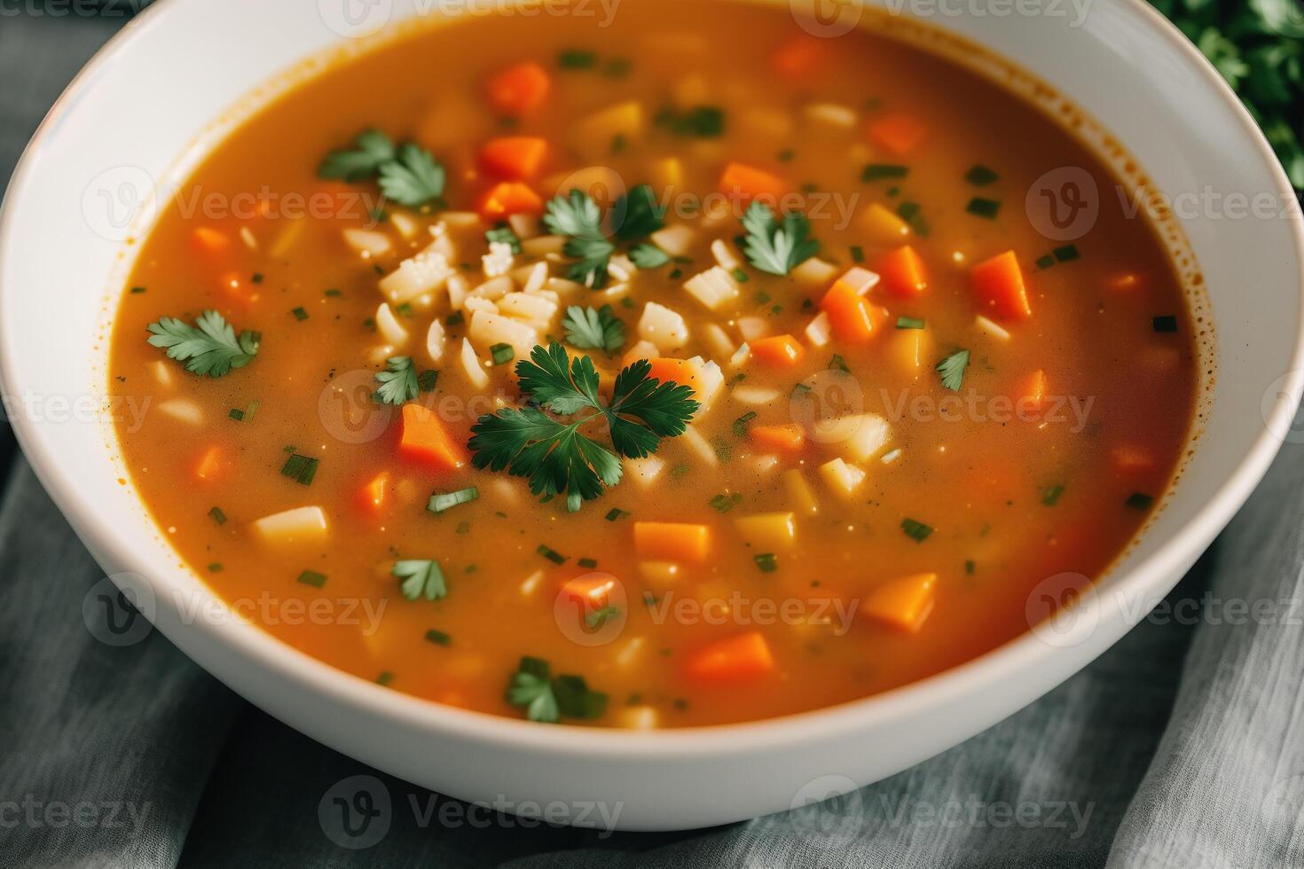 Pumpkin soup with cream and parsley. Creamy tomato soup. Chicken noodle soup. photo