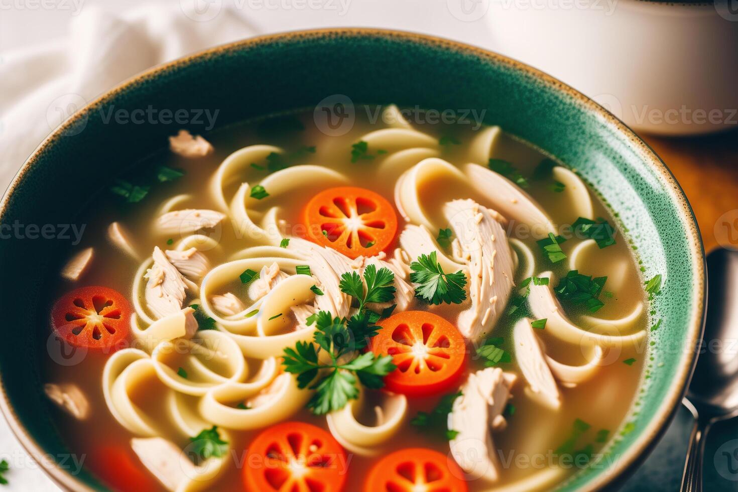 Pumpkin soup with cream and parsley. Creamy tomato soup. Chicken noodle soup. photo