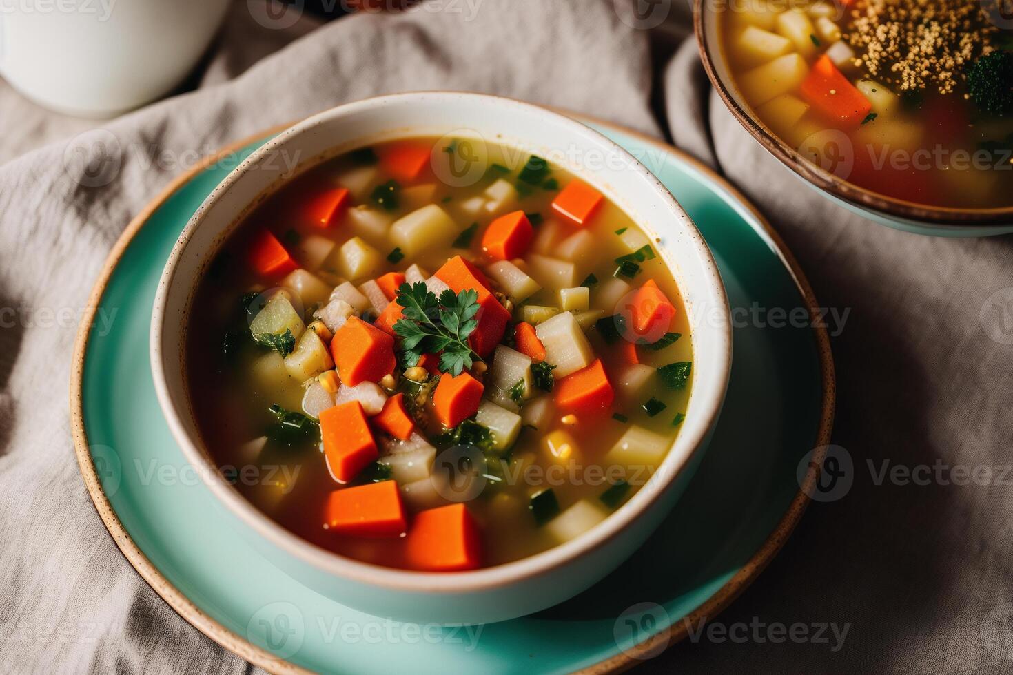 Pumpkin soup with cream and parsley. Creamy tomato soup. Chicken noodle soup. photo