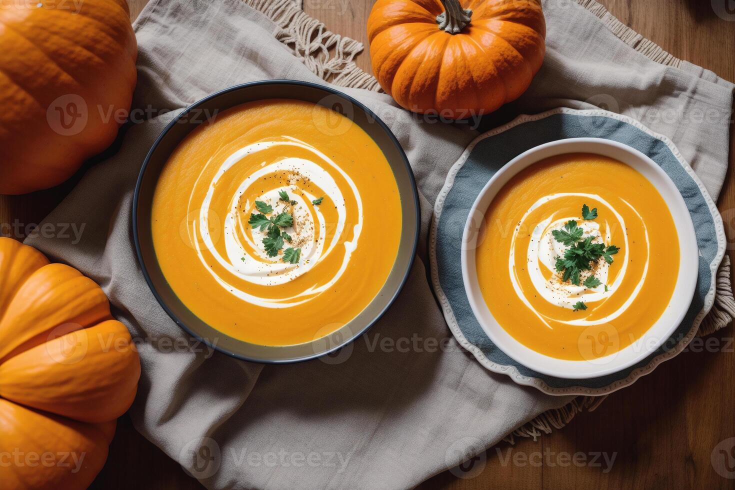 Pumpkin soup with cream and parsley. Creamy tomato soup. Chicken noodle soup. photo