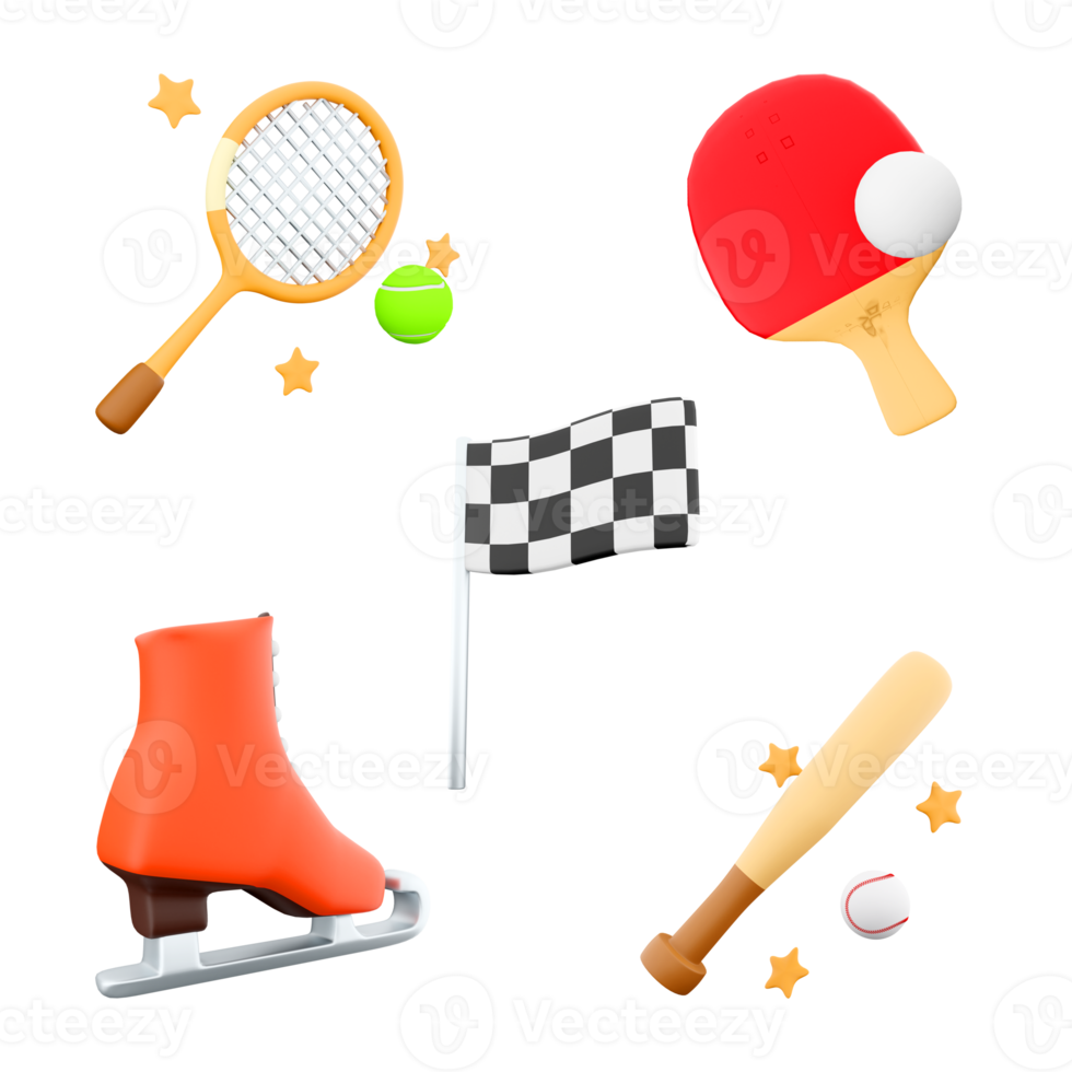 3d rendering tennis racket and ball, table tennis, race flag, ice skates, baseball bat icon set. 3d render sport conception icon set. png