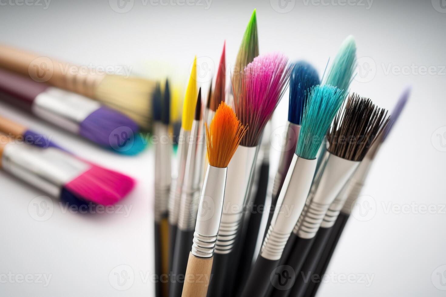 Colorful Paint Brushes with isolated white background and copy space. photo