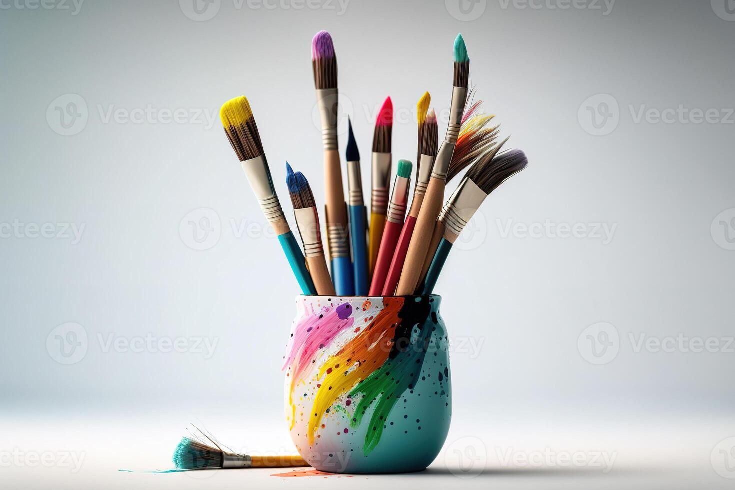 Colorful Paint Brushes with isolated white background and copy space. photo
