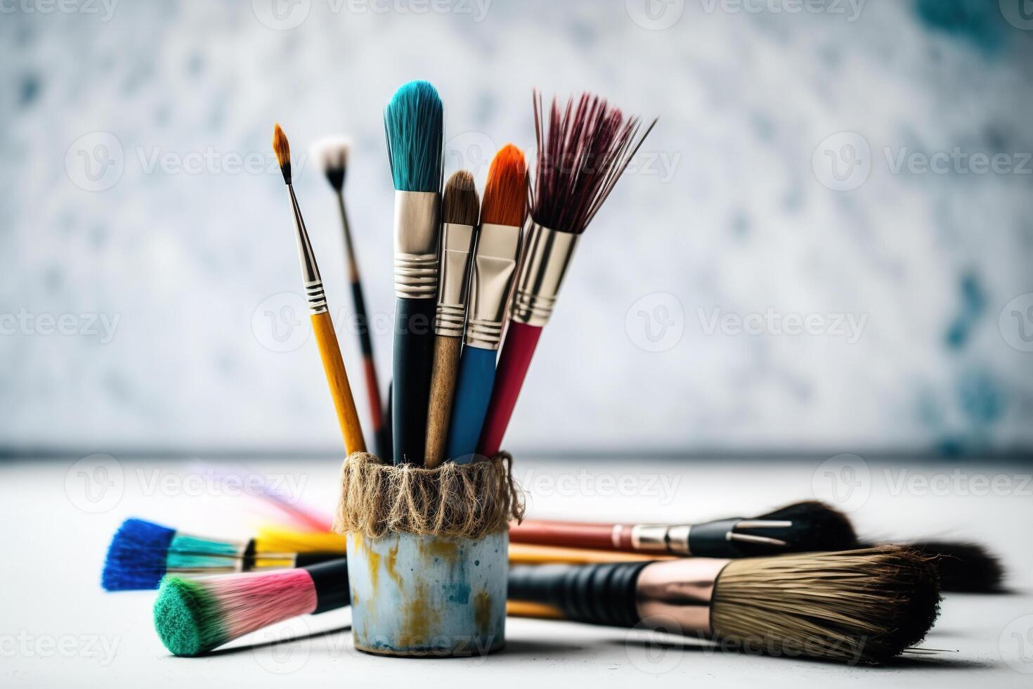 Colorful Paint Brushes with isolated white background and copy space. photo