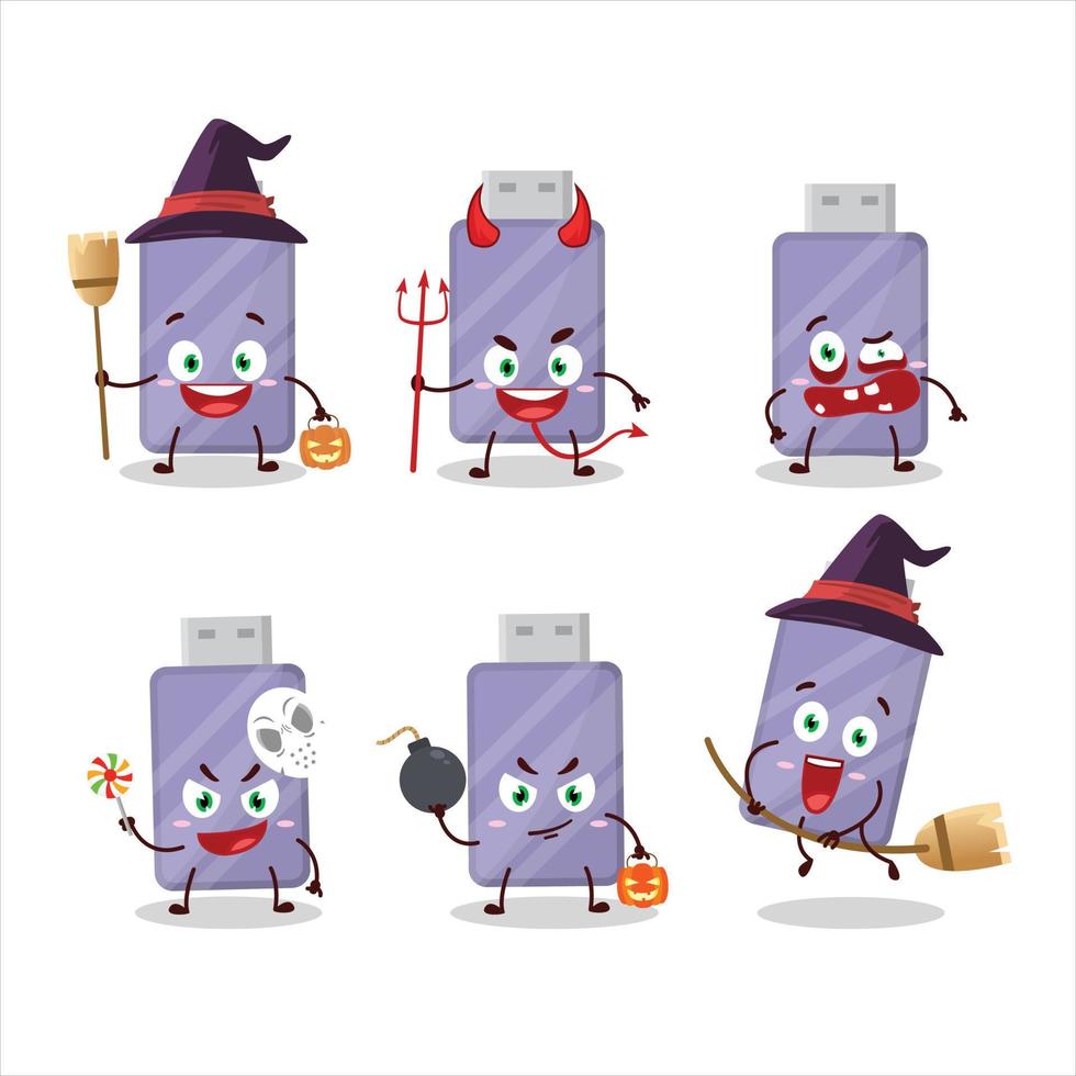 Halloween expression emoticons with cartoon character of flashdisk vector