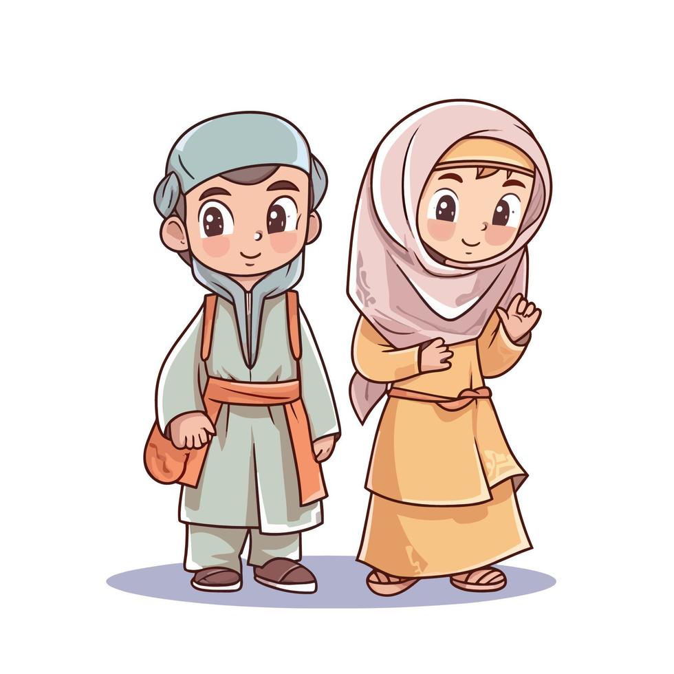 Kids Muslim Ramadhan Kareem Eid Mubarak Vector AI Illustration