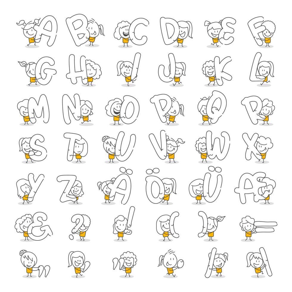 Stick figures. Alphabet. Hand drawn doodle line art cartoon design character. vector