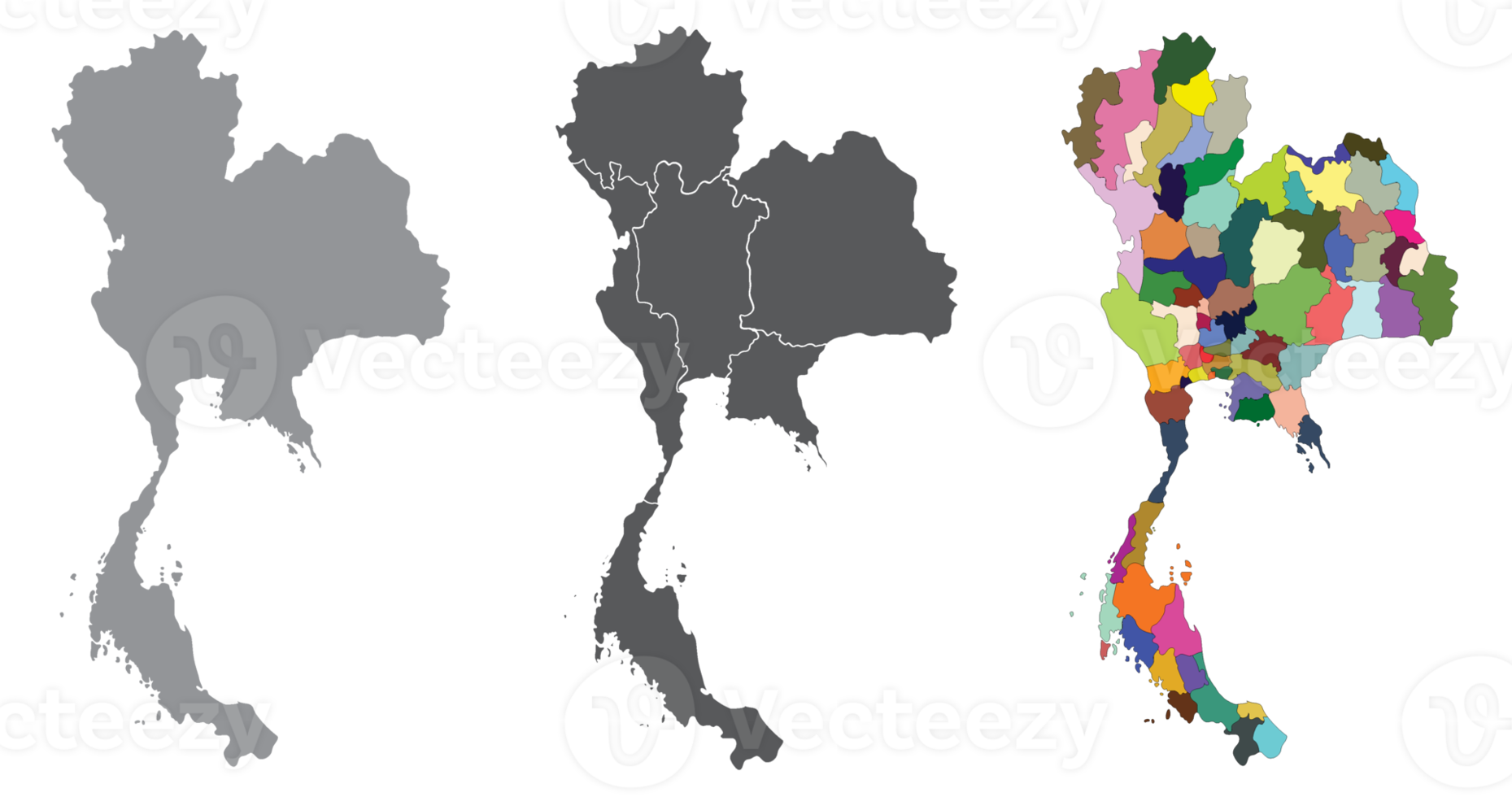 Thailand map set region provinces in black color on grey and colorful map png