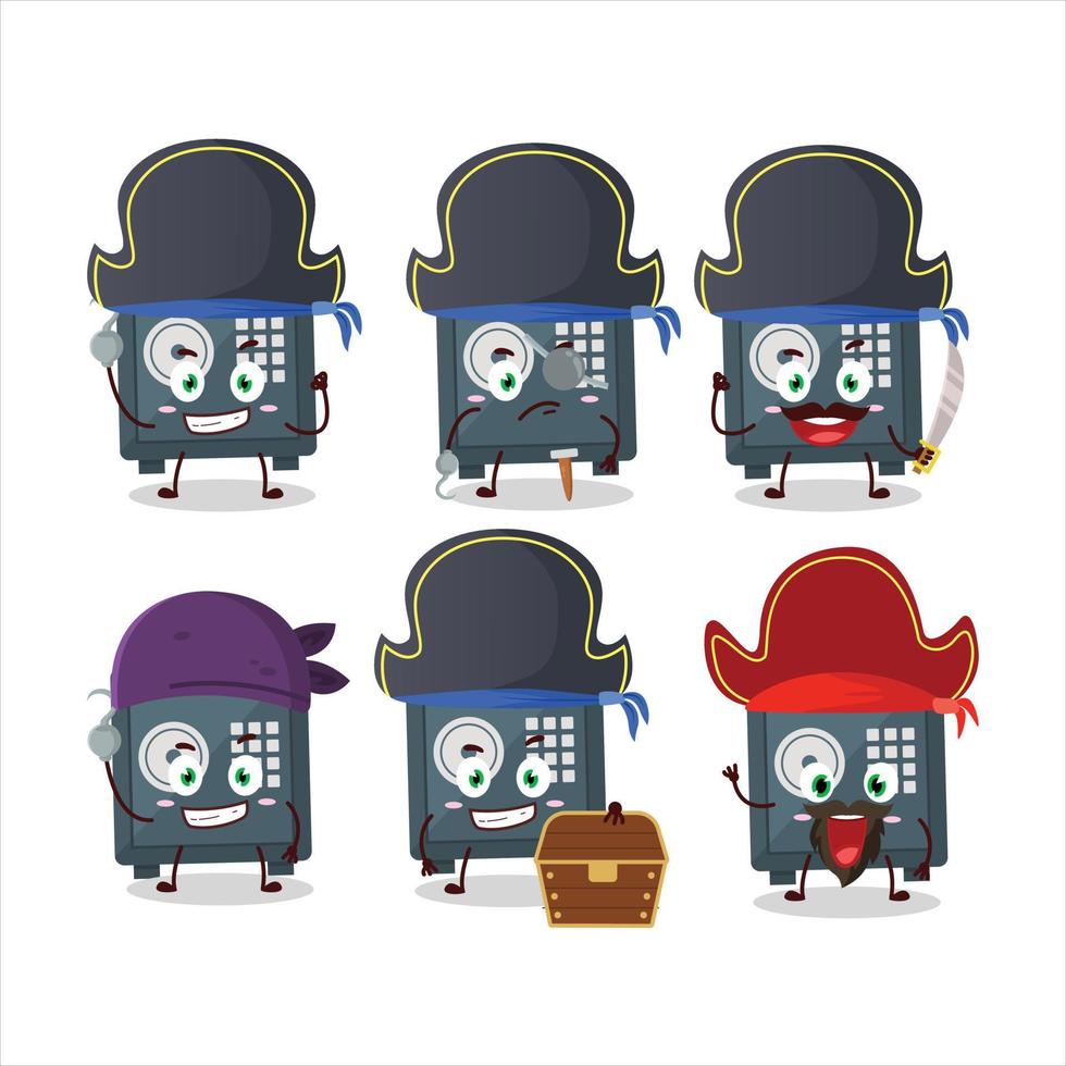 Cartoon character of safe deposit box with various pirates emoticons vector