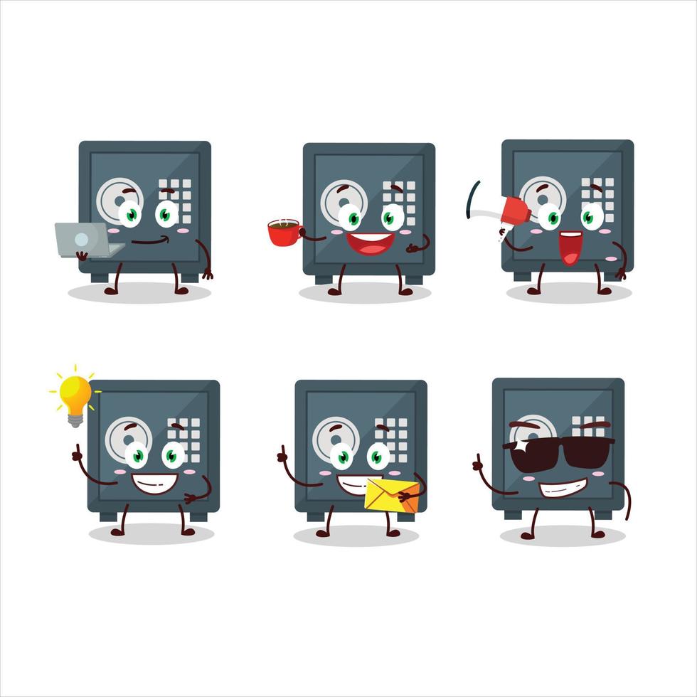 Safe deposit box cartoon character with various types of business