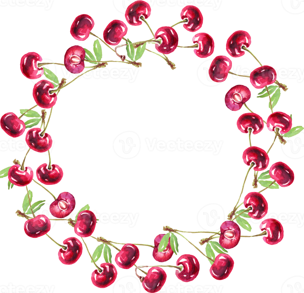 Cherry wreath. Watercolor clipart png