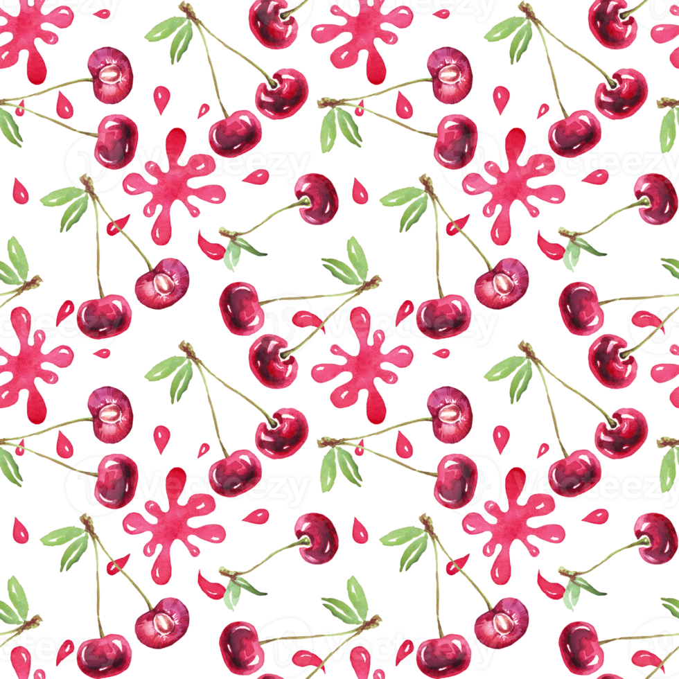 Cherry pattern. Watercolor illustration png