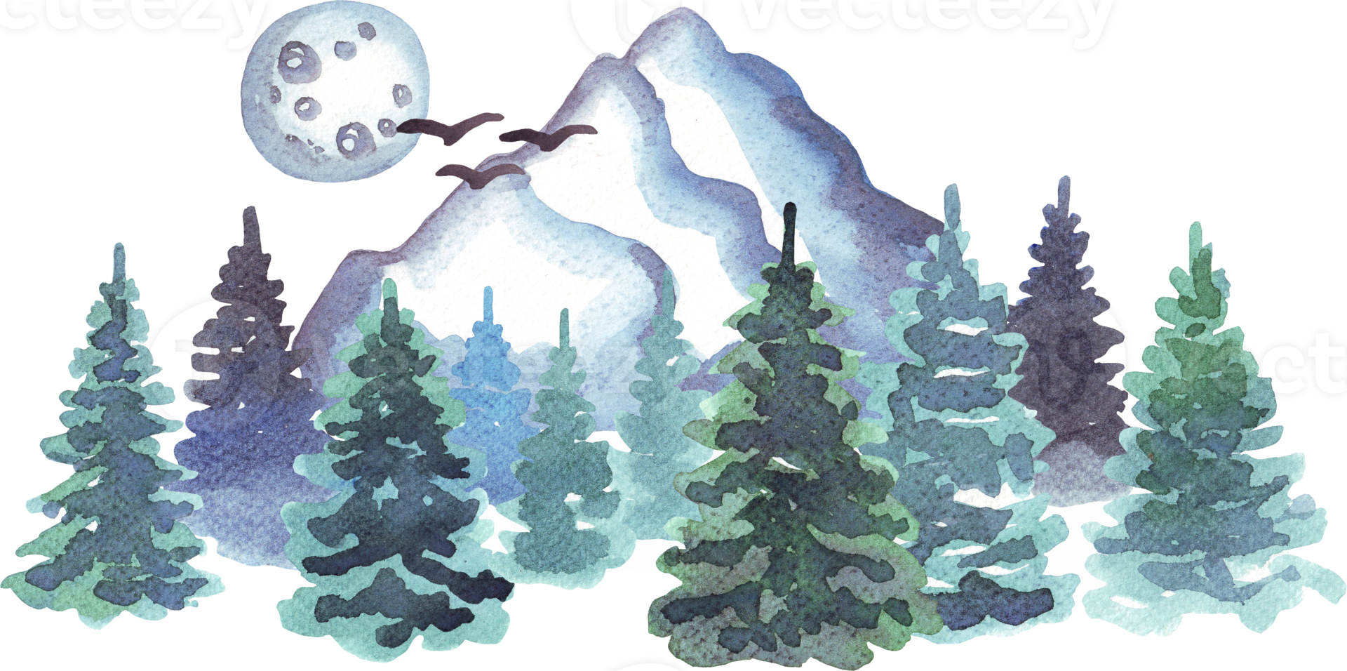 Forest and mountains. Watercolor illustration png