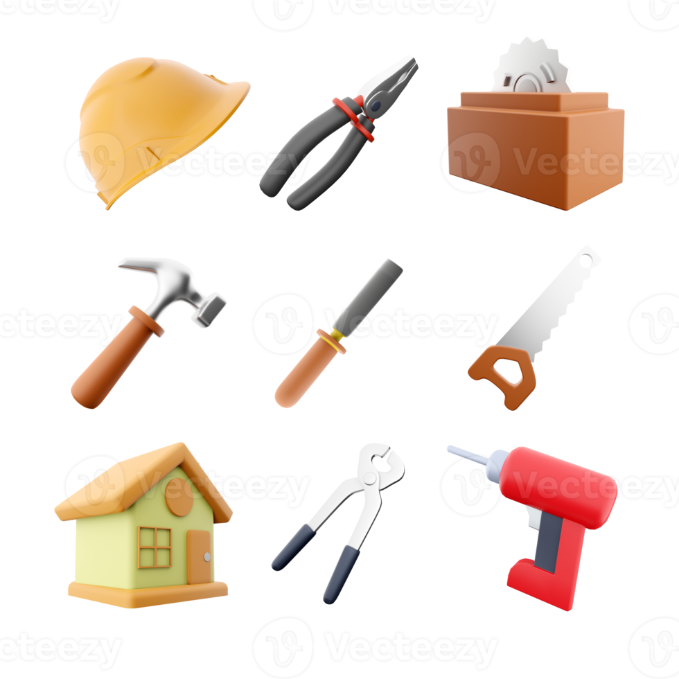 3d rendering yellow helmet, pliers, circular saw, hammer, chisel, hand saw, house, construction tongs, electric screwdriver icon set. 3d render construction concept icon set. png