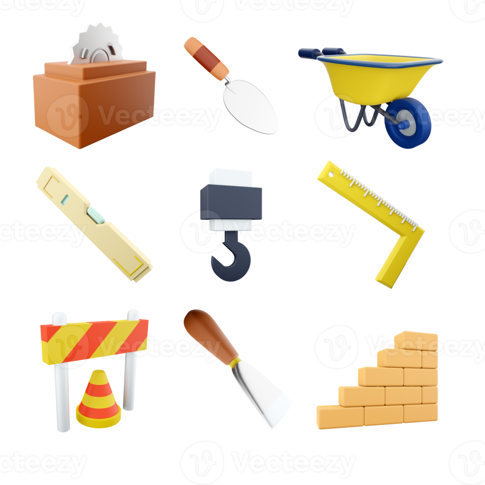 3d rendering circular saw, cement trowel, wheelbarrow, level, tower crane, iron ruller with angle bar, traffic cone and barrier, spatula, brick stair icon set. 3d render construction concept icon set. png