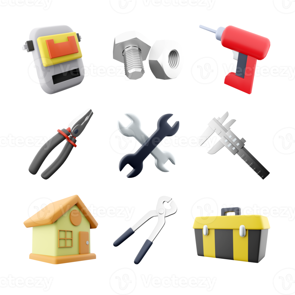 3d rendering welding mask, bolt and nut, electric screwdriver, pliers, two wrenchs, calipers, house, tool box, construction tongs icon set. 3d render construction concept icon set. png