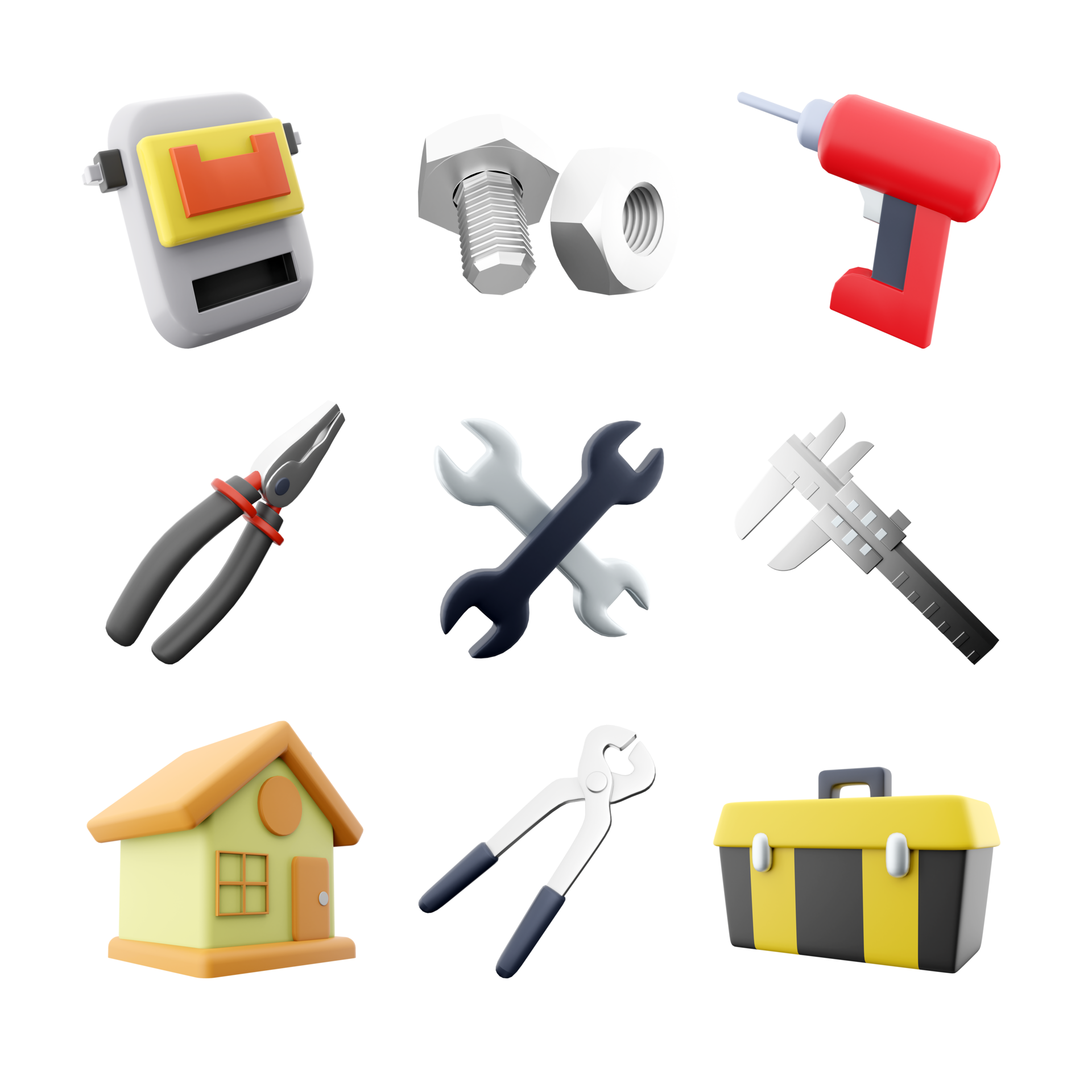 3d rendering welding mask, bolt and nut, electric screwdriver, pliers