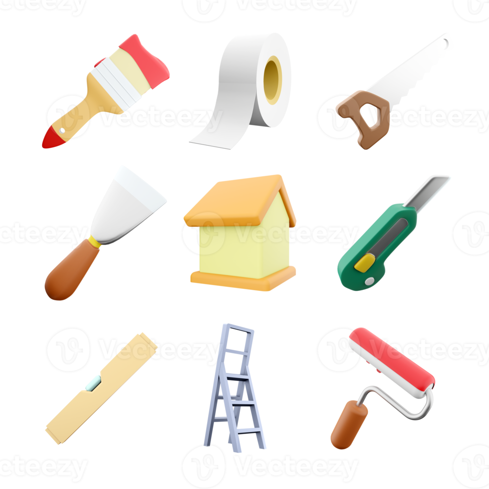 3d rendering brush, adhesive tape, hand saw, spatula, house, stationery knife, level, construction ladder, roller brush icon set. 3d render construction concept icon set. png