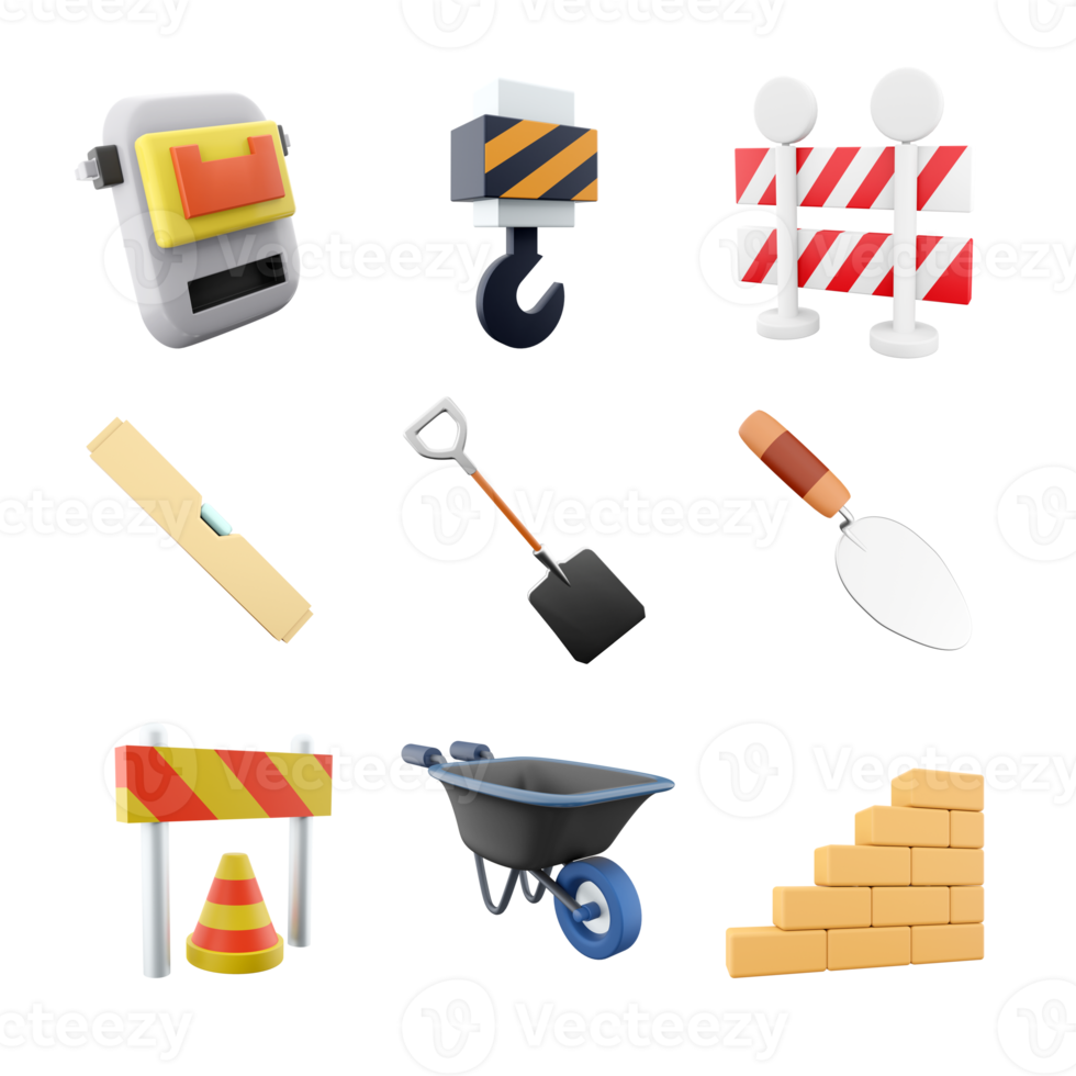 3d rendering welding mask, tower crane, warning berrier, level, shovel, cement trowel, traffic cone and barrier, wheelbarrow, brick stair icon set. 3d render construction concept icon set. png