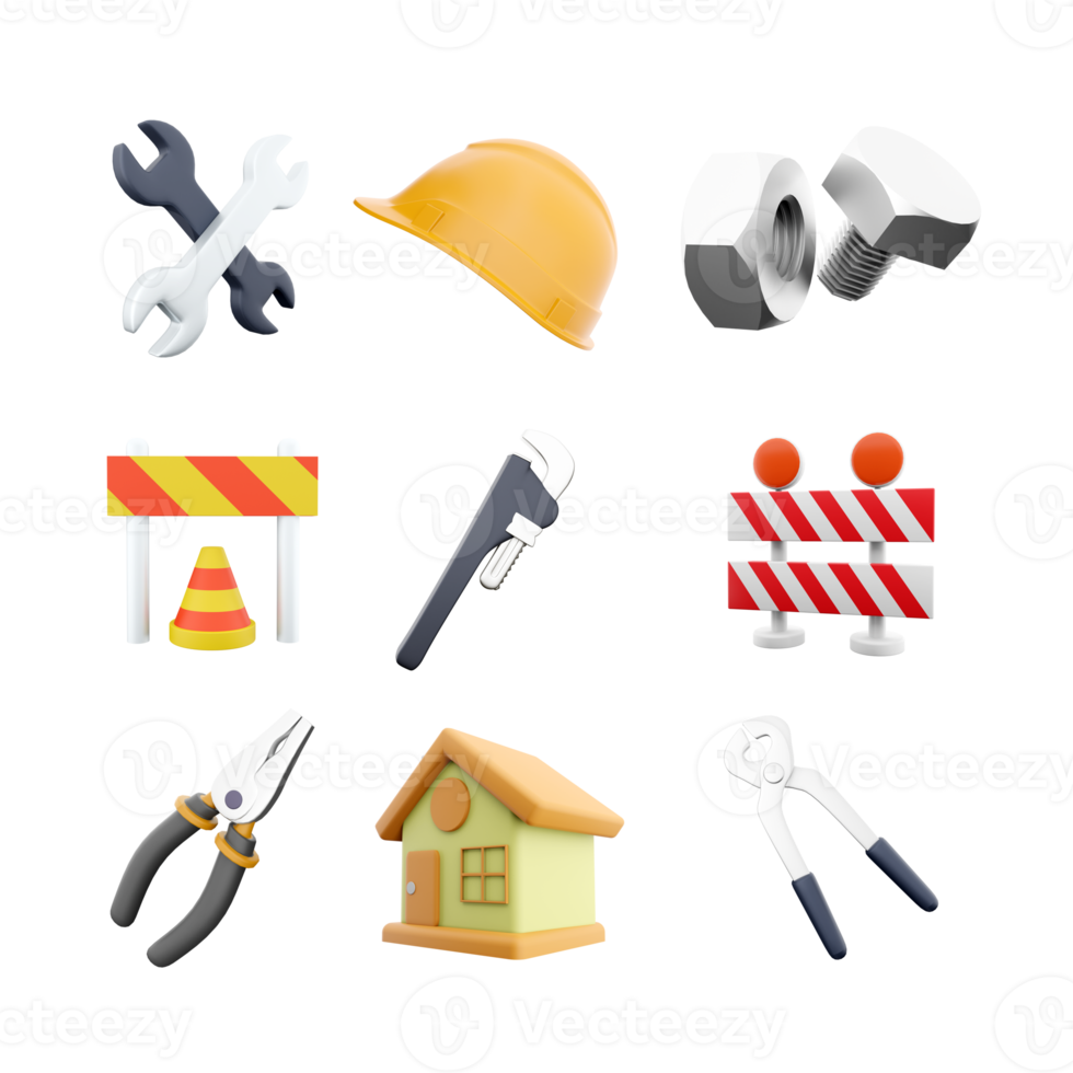 3d rendering two wrenchs, helmet, bolt and nut, traffic cone and barrier, straight pipe wrench, warning barrier, pliers, house, construction tongs icon set. 3d render construction concept icon set. png