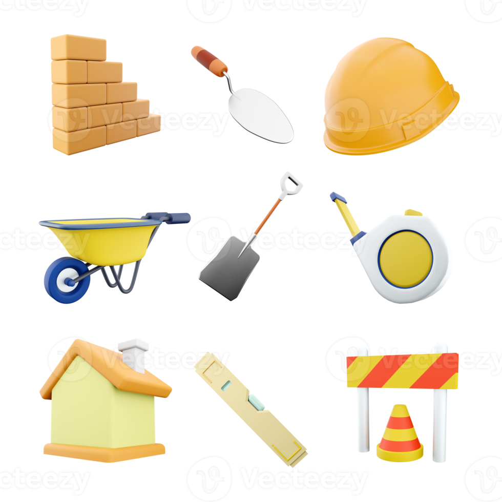 3d rendering brick stair, cement trowel, helmet, wheelbarrow, shovel, measuring tape tool, house, yellow level, traffic cone and barrier icon set. 3d render construction concept icon set. png