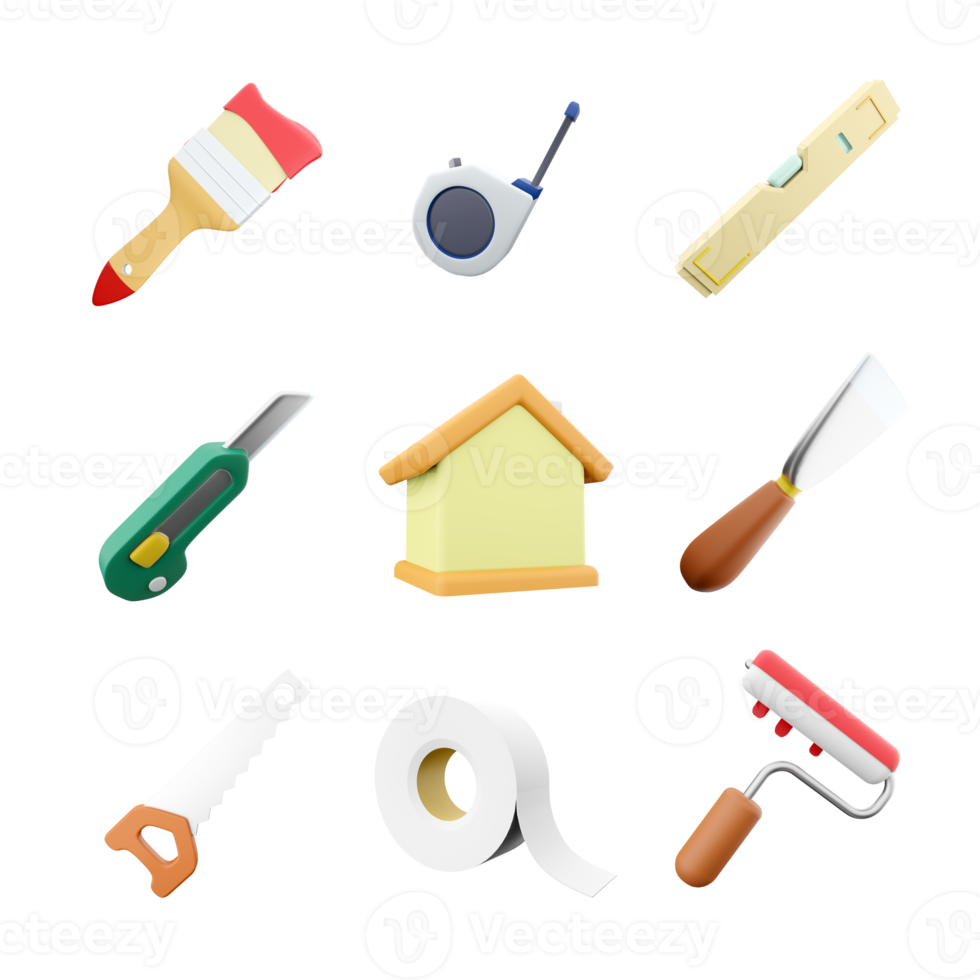 3d rendering brush, measuring tape, level, stationery knife, house, spatula, hand saw, adhesive tape, roller brush icon set. 3d render construction concept icon set. png