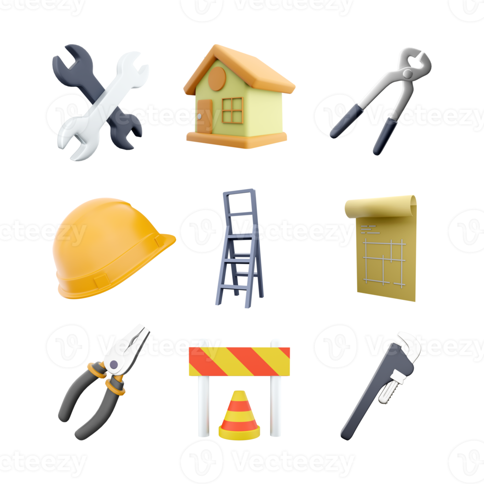 3d rendering two wrenchs, house, construction tongs, yellow helmet, ladder, house plan, pliers, traffic cone and barrier, straight pipe wrench icon set. 3d render contruction concept icon set. png