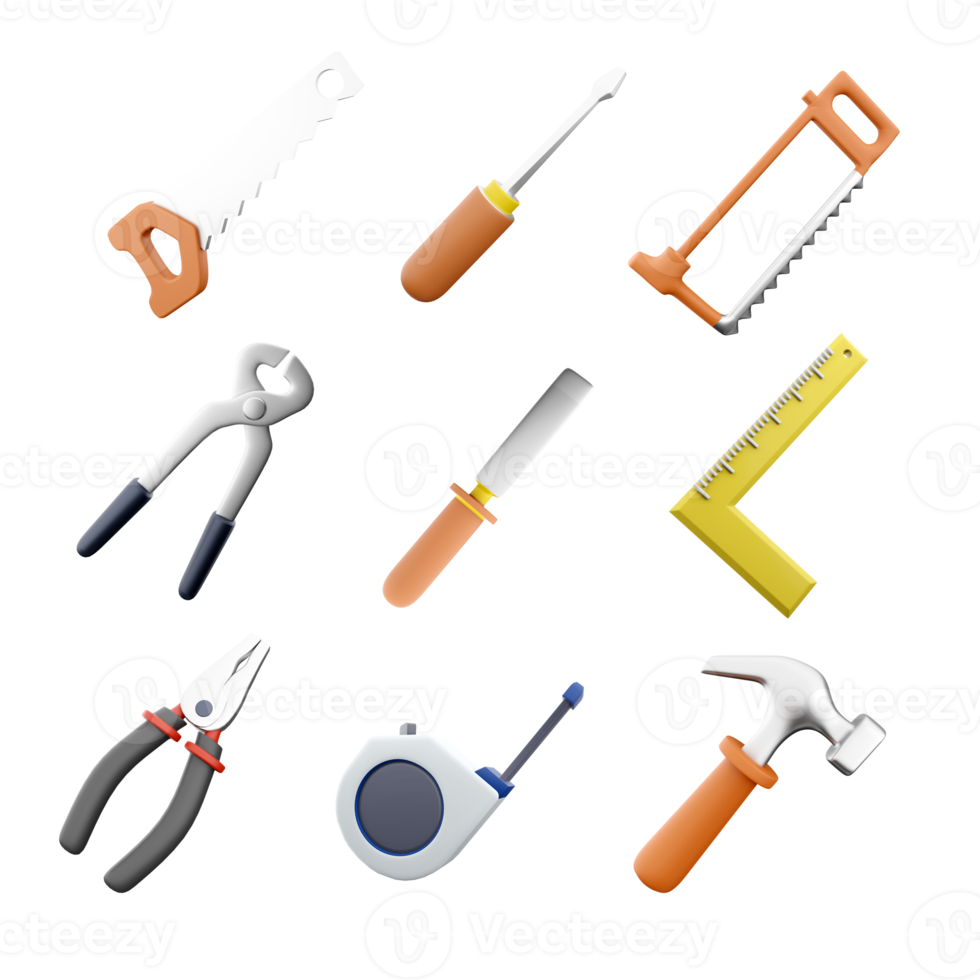 3d rendering hand saw, chisel, hacksaw, construction tongs, screwdriver, iron ruler with angle bar, pliers, measuring tape tool, hammer icon set. 3d render construction concept icon set. png