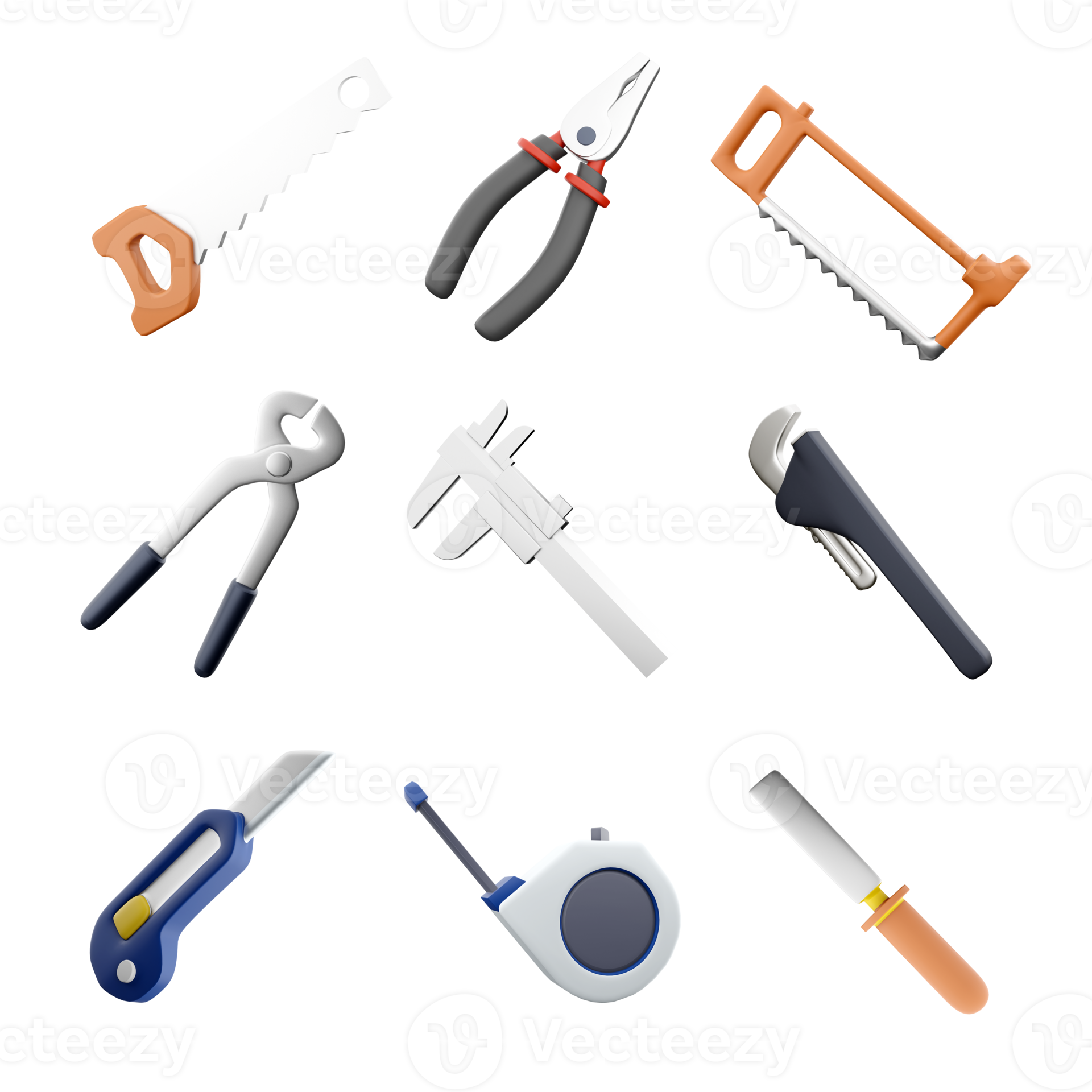 3d rendering hand saw, pliers, hacksaw, construction tongs, calipers