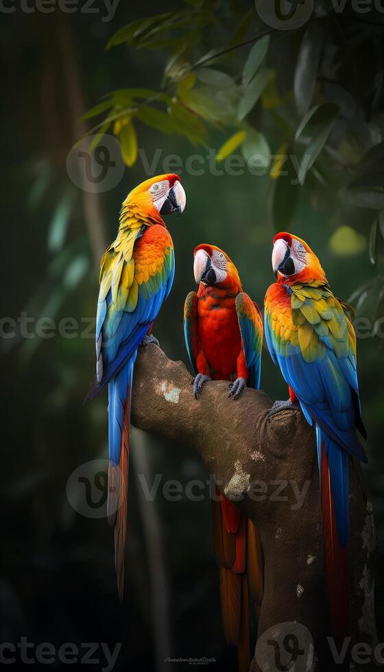 Colorful macaws perched on a tree's branch photo