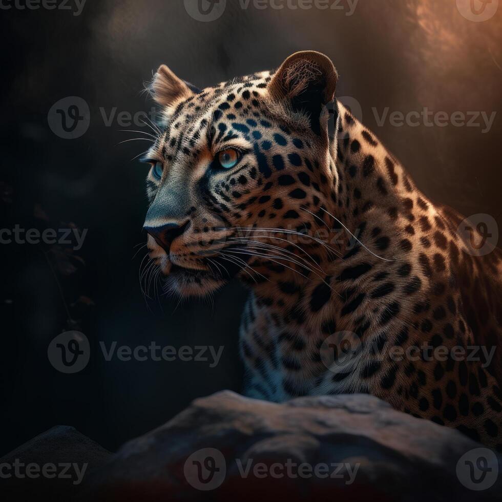 leopard sitting on the rock photo