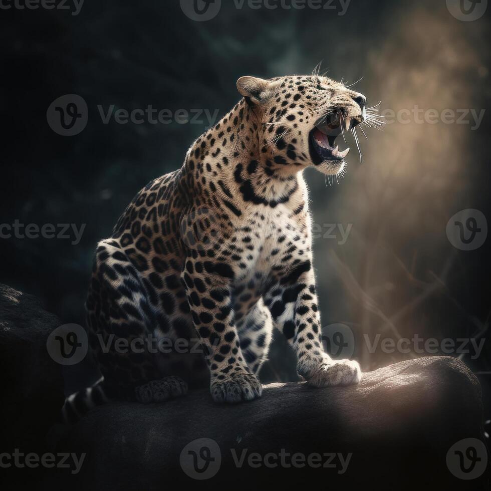 Scary image of leopard roaring on the rock image photo