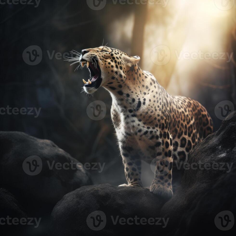 leopard roaring in the forest image photo